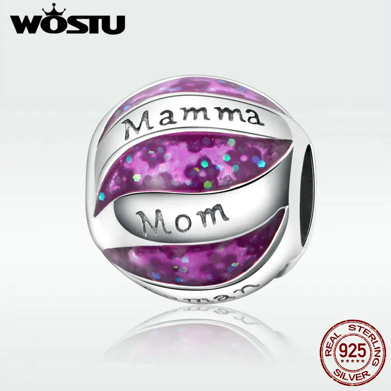 

WOSTU 925 Sterling Silver Purple Round Mom's Love Charm Bead Bracelet Jewelry Making For Women Mother Birthday Jewelry DXC1041