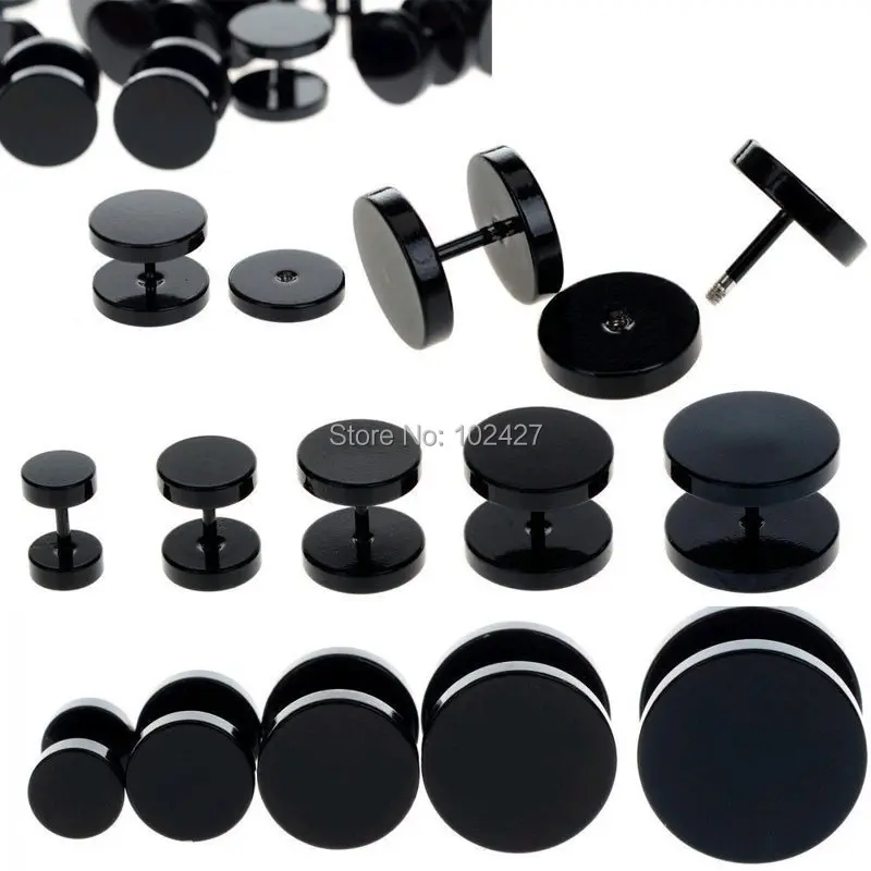 1 Piece 6-14mm Black Fake Ear Plug Stud Stretcher Ear Tunnel Earring Piercing Stainless Steel Body Jewelry 18G