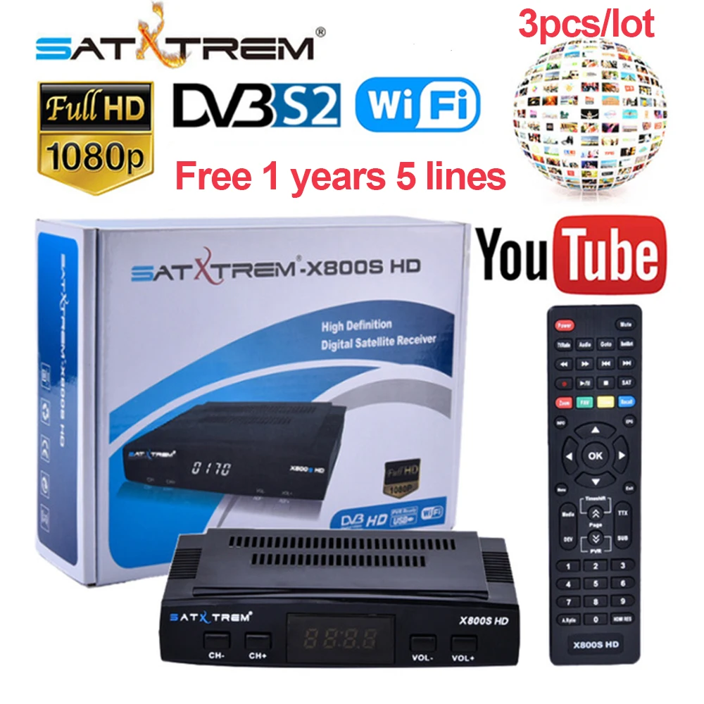 

3pcs/lot X800S HD Receptor DVB-S2 Satellite TV Receiver+USB WIFI 1080P Decoder for 1Year Europe 5 Clines support YouTube,Youporn
