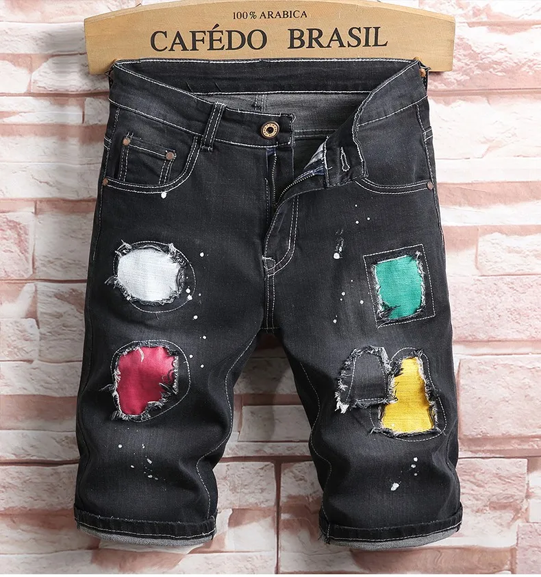 Men Straight Black Denim Shorts New Fashion Men Cotton Elastic Short Jeans Summer Thin Patch Denim Shorts Size 38