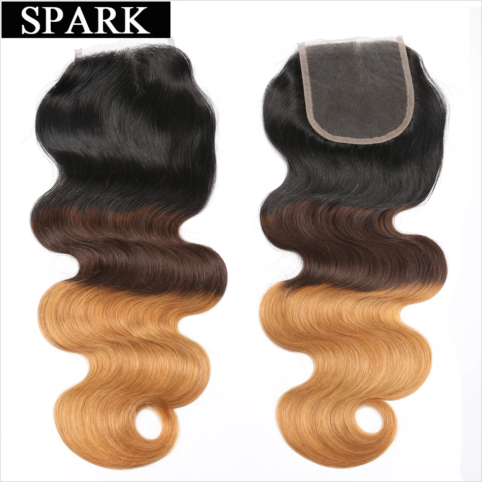 Spark Brazilian Body Wave 4*4 Lace Closure 100% Human Hair Weaving Ombre Color 1B/4/27 & 1B/4/30 Remy Free Part |