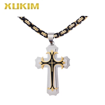 

RP129 Xukim Jewelry Byzantine Chain Double Colors Cross Pendant Stainless steel Religion Pendant Necklace