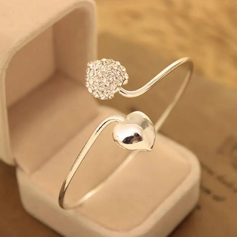 

New Heart Crystal Love Opening Gold Siliver plated bracelet crystal bracelets bangles for women Best Gifts For Ladies Friend V9
