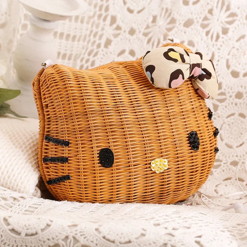 Рисунок Hello Kitty Для женщин Соломенных Пляжная сумка девушки мультфильм ткань из