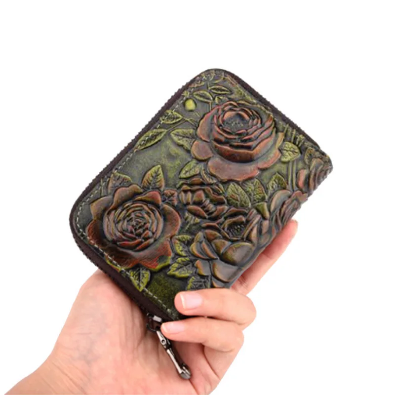 Для женщин пояса из натуральной кожи на молнии короткие бумажник кредитной/ID держатель для карт цветочный узор женский карман для монет