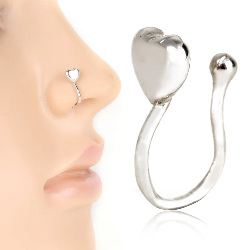 Boho Fake Nose Clip Fashion Stainless Steel Heart Non-Piercing Nose Cuff Ring Shellhard Charms Piercing Septum Body Jewelry