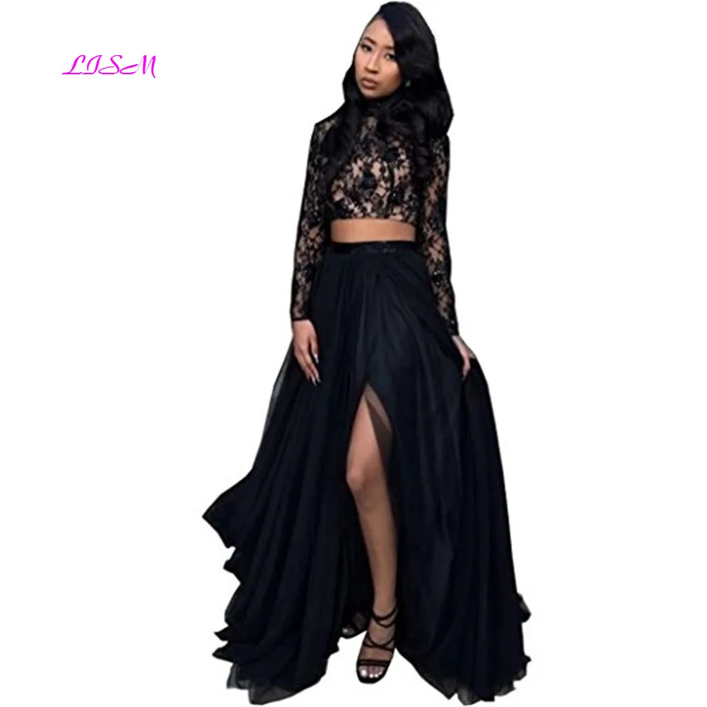 

Lace Long Prom Dresses 2019 High Neck Full Sleeves Evening Gowns Sexy High Split African Black Two Pieces Tulle Prom Party Dress