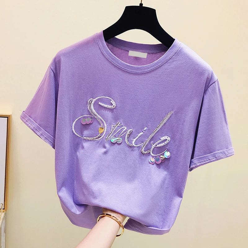 

Summer Top Clothes Woman 2019 New Korean Letter Sequins Short Sleeve T Shirt Loose White Shirt Super Hot Tees Female Students