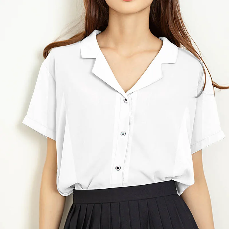 Summer Women Tops Chiffon Blouse Button Loose Shirt Solid Color V-Neck Blusa Feminina Short Sleeves Ladies Office |