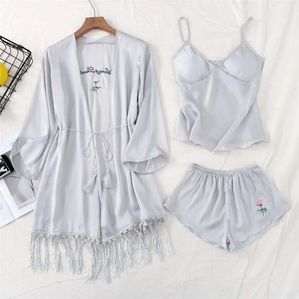 Daeyard Sleep Lounge женские пижамные комплекты с нагрудной накладкой Весна Лето атласная пижама Повседневная Пижама Femme Домашняя одежда 3 штуки