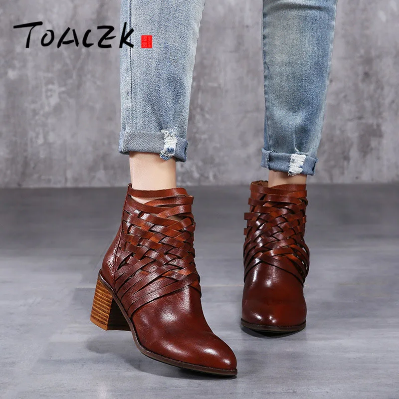 

Boots Leather Shoes Weave Lace-Up Handmade Original Retro Round Flat Black Brown Plus Boots Women Shoes