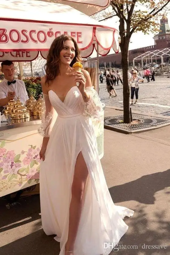 Новое поступление пляжные свадебные платья милое кружевное богемное свадебное платье со съемными рукавами свадебное бохо-платье с разрезом