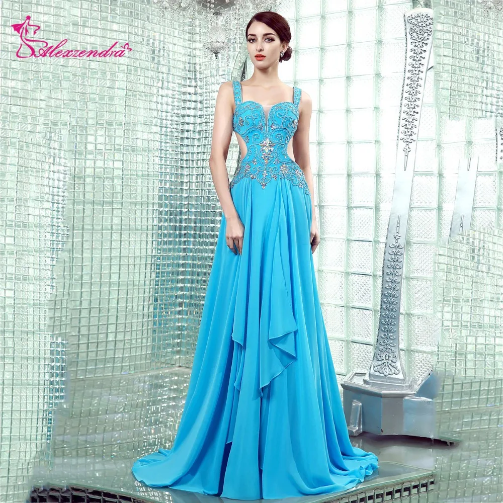 

Alexzendra Sky Blue Chiffon A Line Prom Dresses 2018 Straps Crossed Back Long Party Dresses Plus Size
