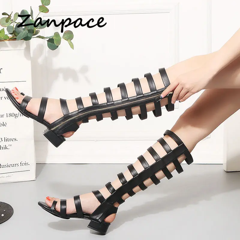 

2019 Rome Women Sandals Open Toe High Heel Thick with Straps Shoes for Women Gladiator Thigh High Boots Zipper Zapatos De Mujer