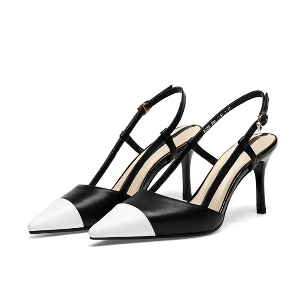 ASUMER/модные женские туфли-лодочки смешанных цветов; цвет черный, белый; туфли на высоком тонком каблуке из натуральной кожи с острым носком и пряжкой