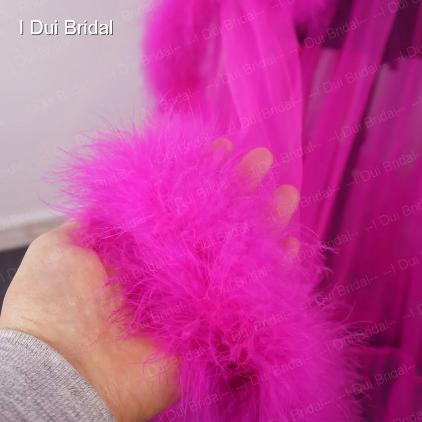 Fuchsia Feather Tulle Evening Dress Long Sleeve Robe Scarf Party Gown School Dance Dress Fuchsia Feather Tulle Evening Dress Long Sleeve Robe Scarf Party Gown School Dance Dress