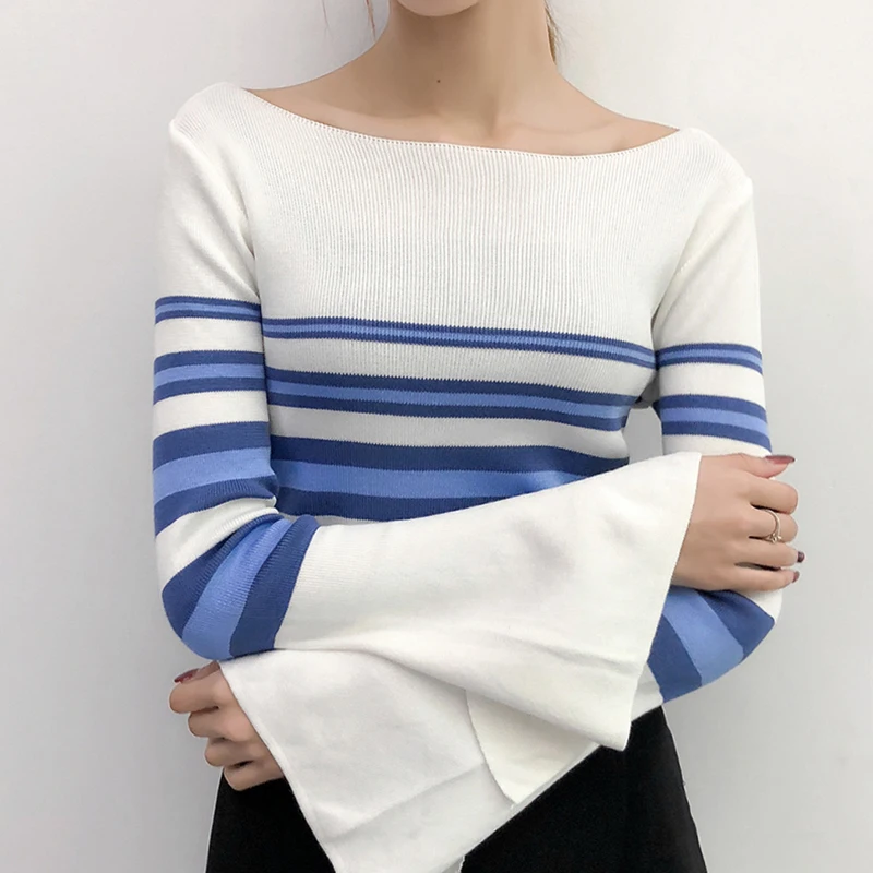 

Shintimes Flare Sleeve Sweater Women Striped Womens Winter Fashion 2018 New Korean Woman Sweater Knitting Pullovers Sueter Mujer