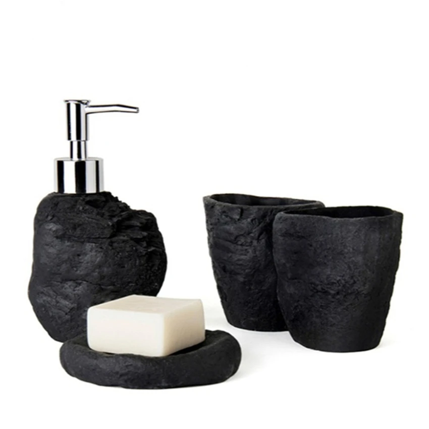 Набор для ванной комнаты в скандинавском стиле, 4 предмета, каменные принадлежности для ванной комнаты, держатель для зубной щетки из песчаника, набор дозаторов на выбор, 2 цвета - Цвет: black