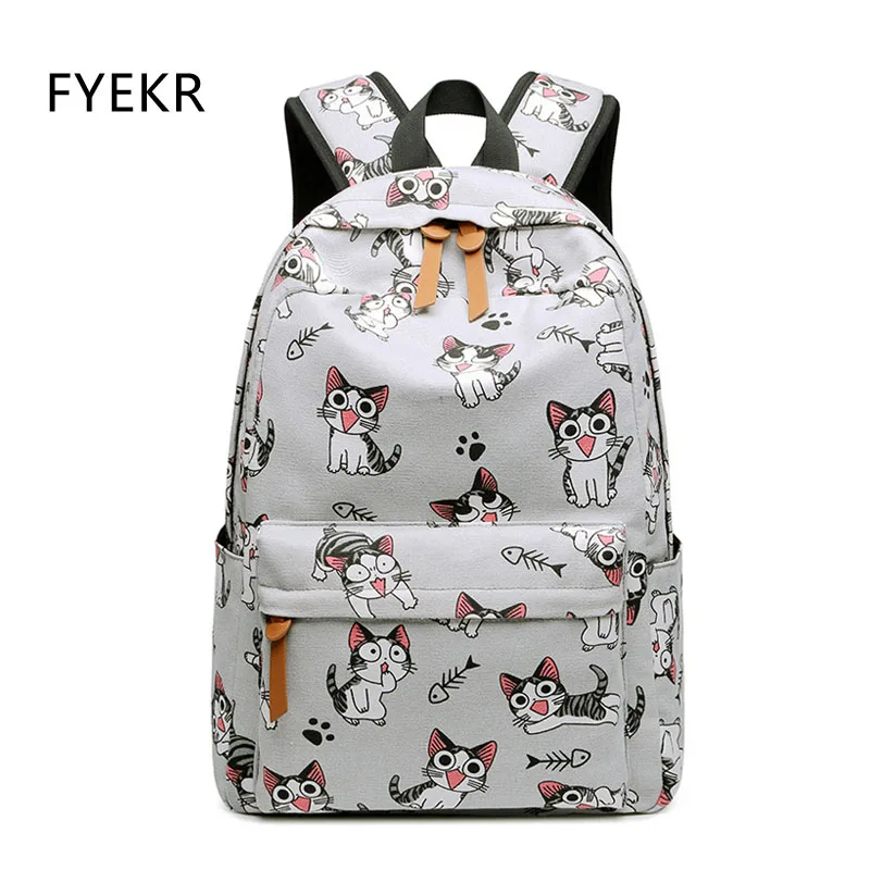 

FYEKR Casual School Backpack For Grisl Fashion Cat Pattern Printing Backpack School Bags For Teenage Canvas Escolar Bag Female