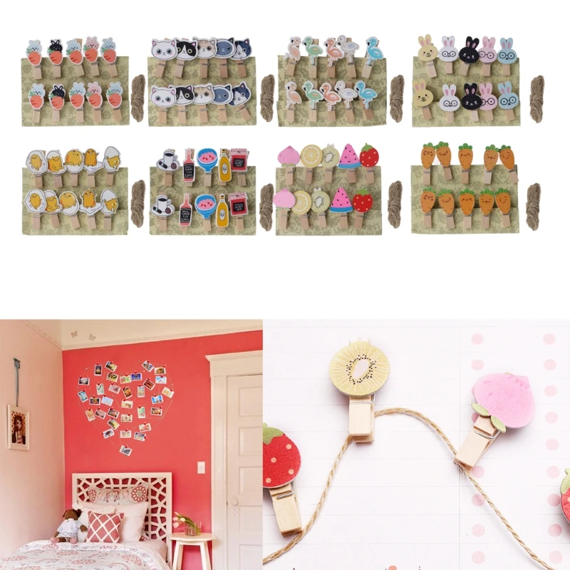 

10Pcs Mini Painted Wooden Clips Message Photo Holder Card Paper Pegs With Rope DULL5