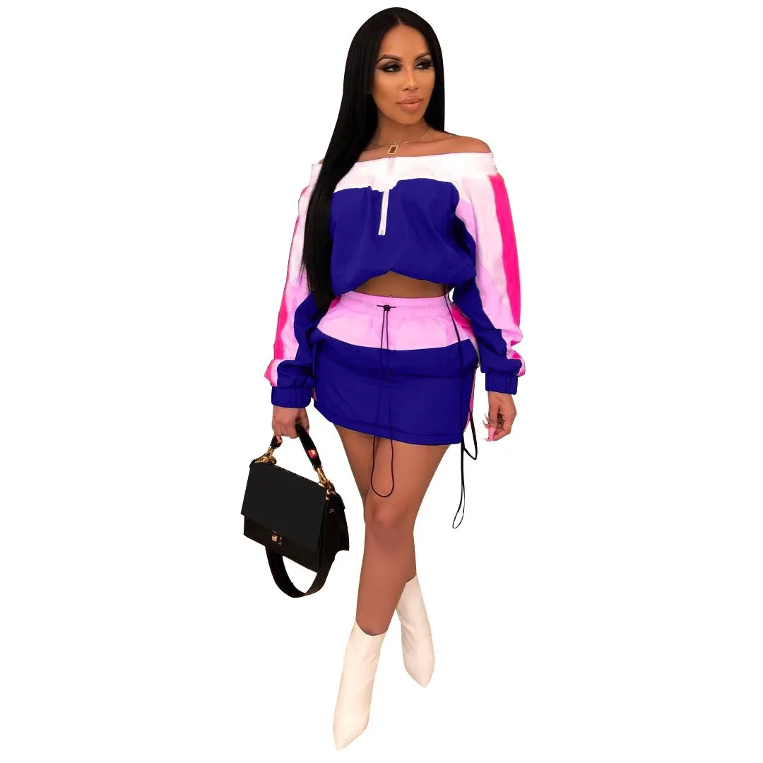 

Women Tracksuit Off Shoulder 2 Piece Set Print Slash Neck Splicing Top Mini Skirts Suit 2Pcs Set