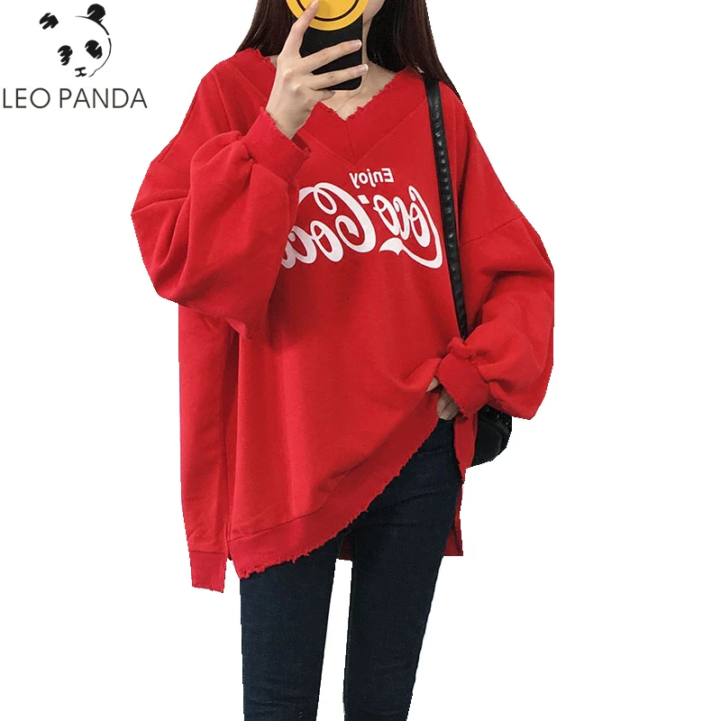 

Spring Autumn New Women Letter Prints Side Slit V-Neck Droop-Shoulder Sweatshirts Female Loose Casual Fashion Sweatshirts ZX906