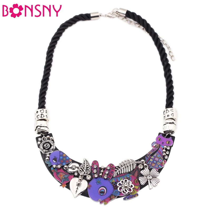 

Bonsny Rabbit Birds Cat Collar Necklace Acrylic Pattern Statement Choker Necklace Fashion Brand Jewelry For Women Girls