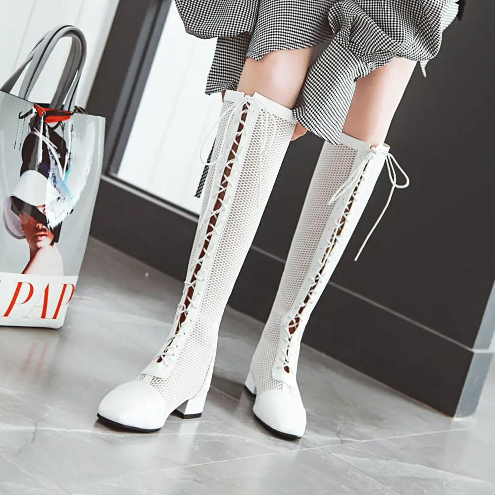 

Size 33-43 New Fashion Women Knee High Boots Square heel Zipper Sexy Lace Mesh Boots Summer Cool Boots Breathable Women's Shoes