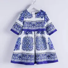 Весеннее качественное платье для девочек детское Брендовое платье vestidos детская праздничная одежда синий цветочный принт с тремя рукавами от 4 до 14 лет