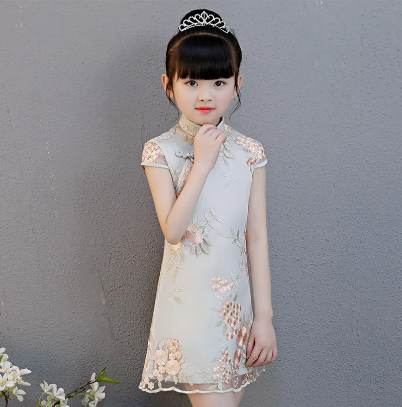 Летнее кружевное платье для девочек повседневные платья для маленьких девочек Детская кружевная одежда Ципао, Vestidos, китайская одежда для девочек, cheong-sam