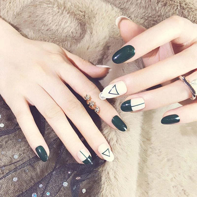 

24Pcs False Tips Nail Art Design Lady Women Dark Green Triangle Fake Finger Nails False Full Nails Tips DIY Nail Art Tools