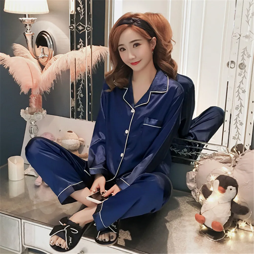 

New Satin Pyjamas Women Long Sleeve Pajamas Set Pyjama Femme Imitation Silk Autumn Ladies Pijamas Homewear Plus Size M-5XL