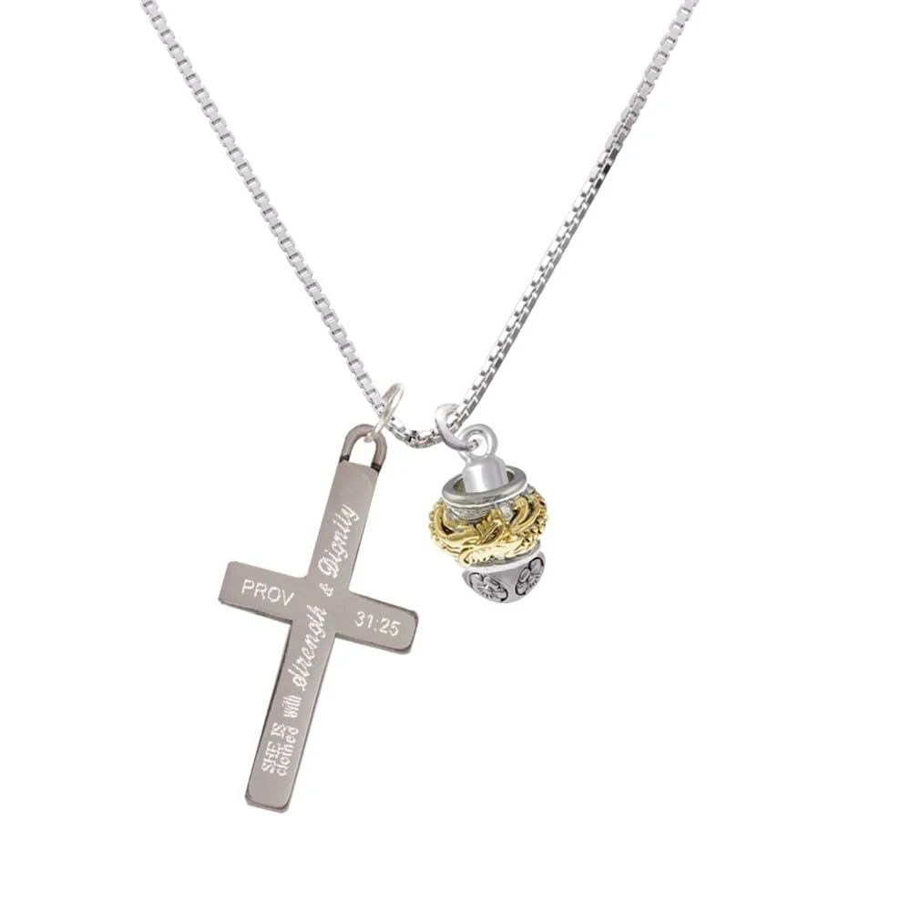 Gold Tone Dragon with Silver Tone Border Spinner - Strength and Dignity - Cross Necklace