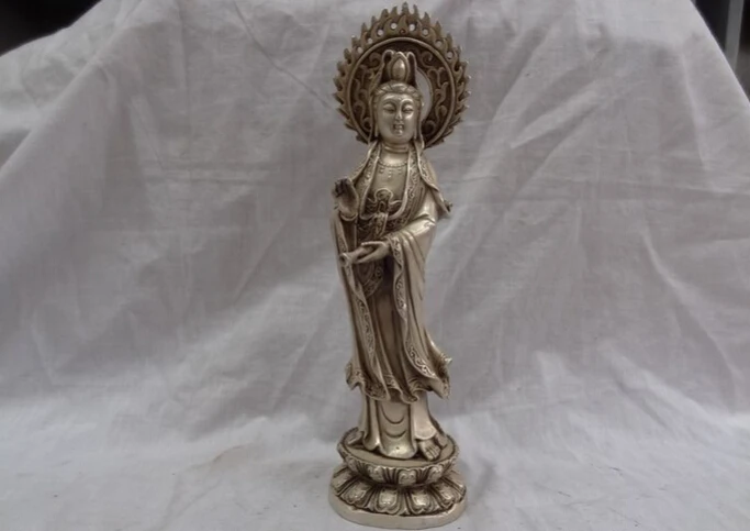

song voge gem S3947 9" Chinese Buddhism Silver Standing Kwan-Yin Quan Yin Buddha Brass Pot Statue