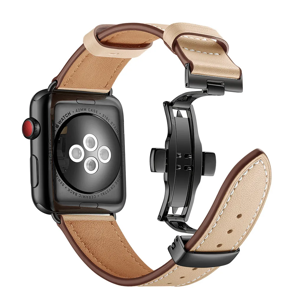 Ремешок из натуральной кожи для apple watch pulseira apple watch 5 4 3 44 мм/40 мм iwatch band 42 мм 38 мм correa ремешок для часов браслет - Цвет ремешка: Black button