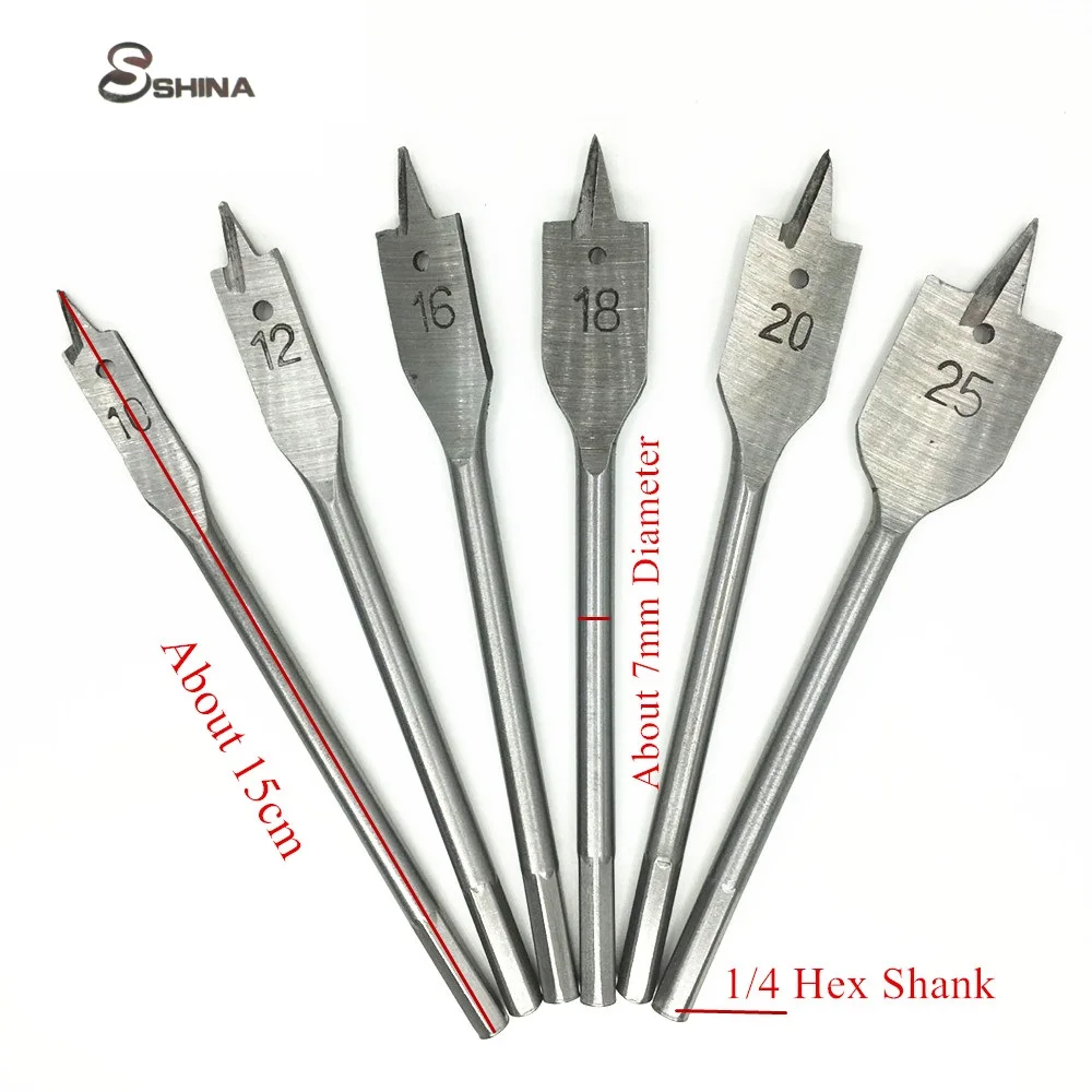 6PCS/Set 25mm 1/4 Shank Flat Drill Long High Carbon Steel Wood Flat