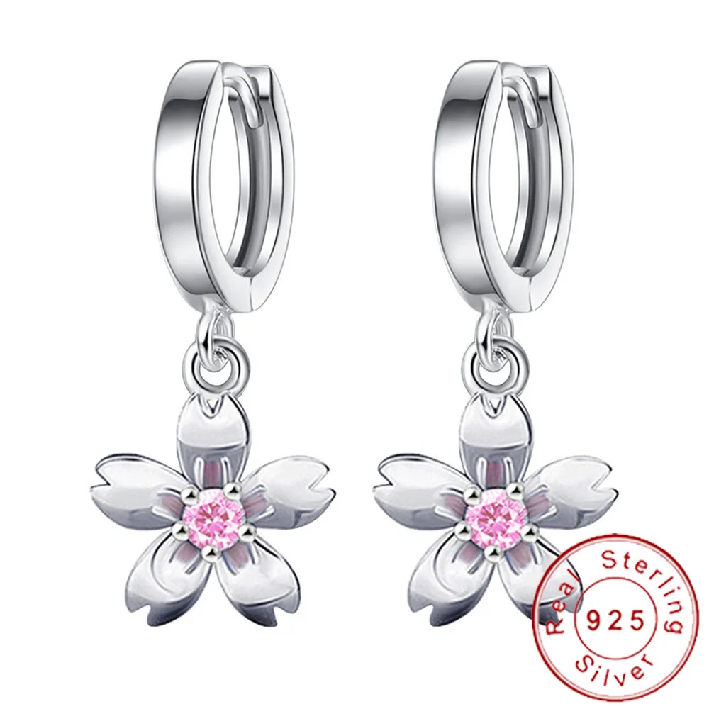 

Real Pure 925 Sterling Silver Floral Earrings Hoop Hanging Pink Crystal Cubic Zircon CZ Huggie Earings Girls Jewerly SE053