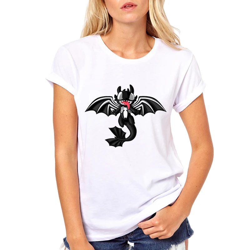 

Women Casual Cartoon T-shirt Harajuku Tops O-Neck White Short Sleeve Dragon Knight fury printed Comfortable T shirt Lady Tees