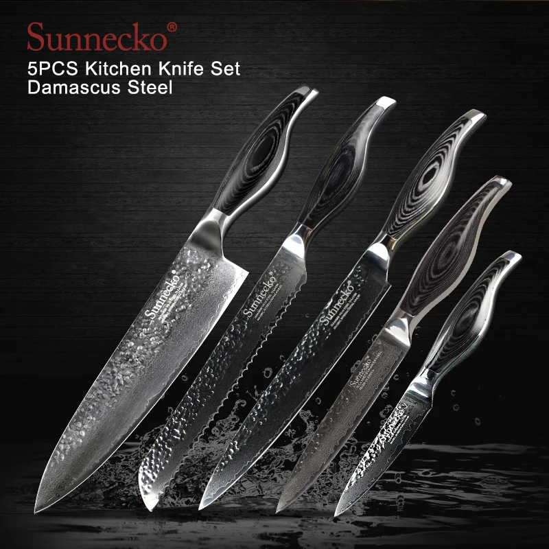 

SUNNECKO Premium Chef Santoku Utility Paring Knife Damascus Steel Japanese VG10 Blade Pakka Wood Handle Sharp Kitchen Knives Set