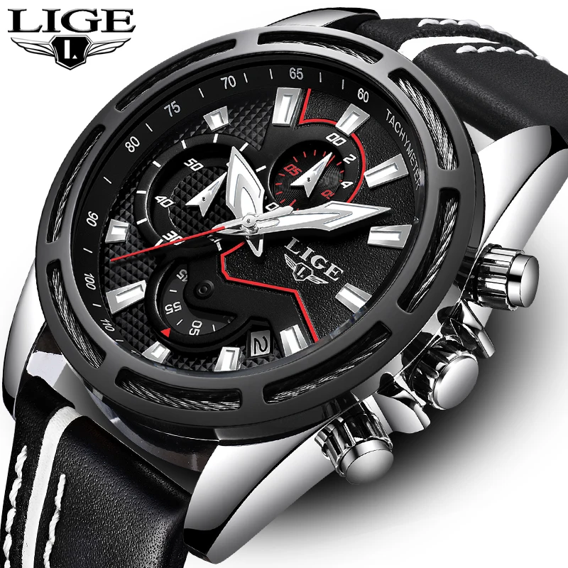 

LIGE Watch Men's Fashion Sports Quartz Big Dial Clock Leather Mens Watches Top Brand Luxury Waterproof Watch Relogio Masculino