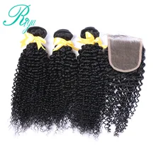 Mongolian afro Kinky Curly Hair Weave 3 Bundles With Lace Closure 100% Human Hair Bundles With Closure 4pcs/lot Deals Weft Riya