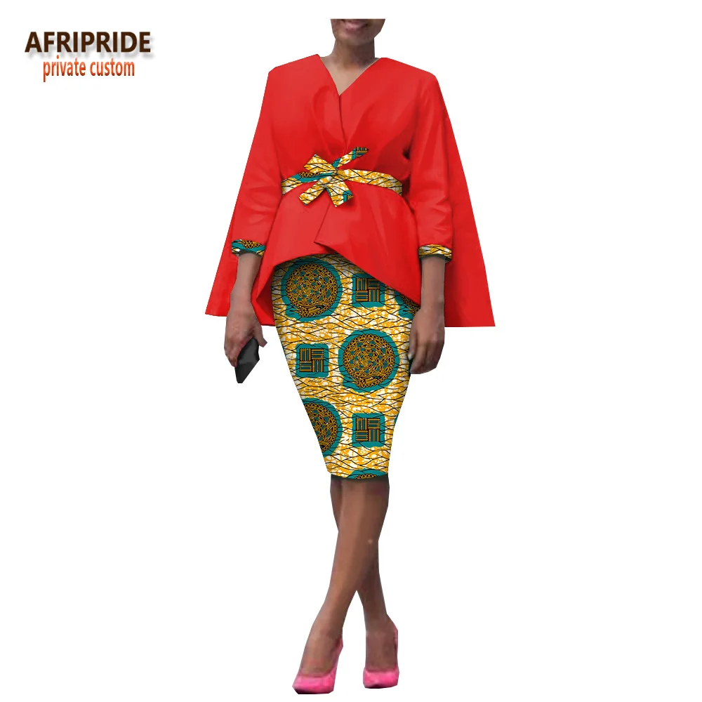 Африканский комплект из 2 предметов, юбка для женщин, AFRIPRIDE, топ на пуговицах с поясом+ юбка-карандаш до колена, Женский Повседневный комплект A1826028