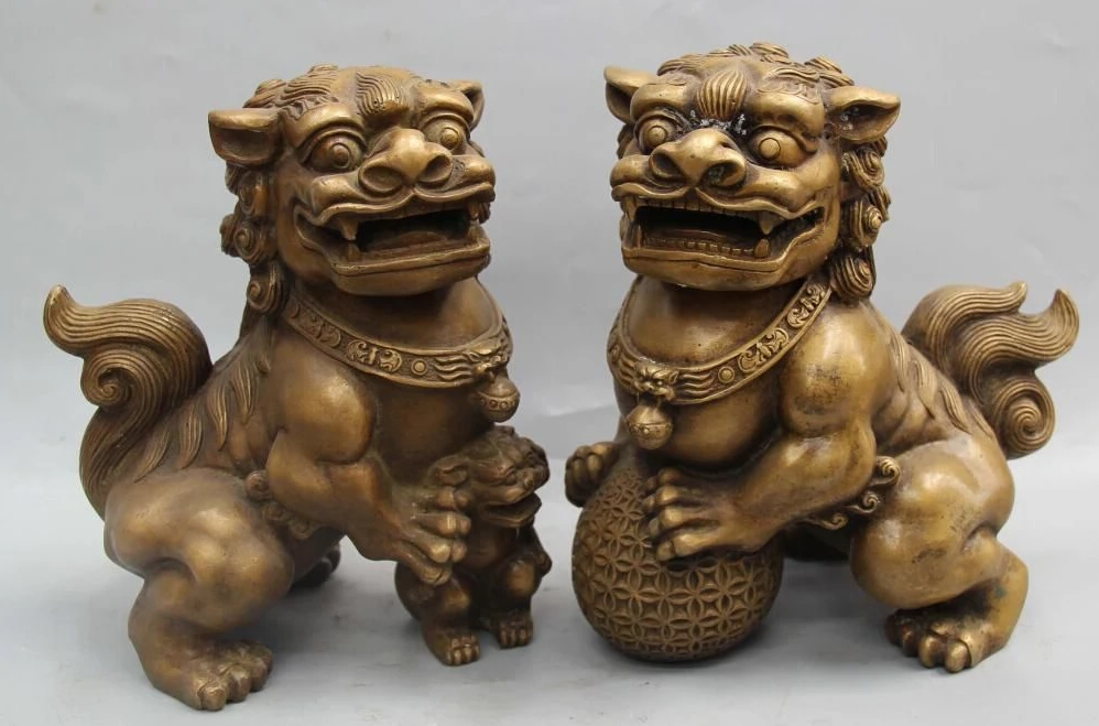 

bi002863 9" Chinese Bronze FengShui Guardion Foo Fu Dog Lion Ball Pair Animal Statue