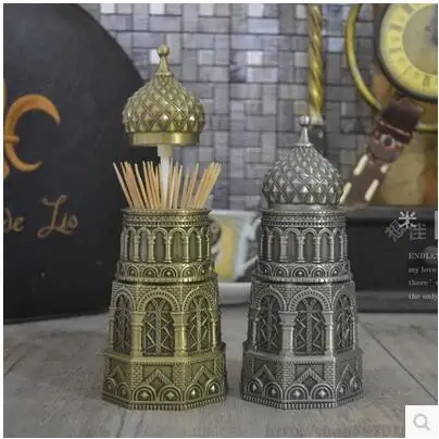 

European tower shape bronze/antique tin color metal toothpick holder toothpick dispenser tandenstoker houder for kitchen YQT009