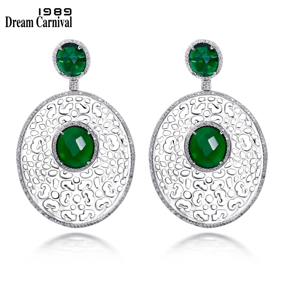 

DreamCarnival 1989 Super Big Statement Oval Hollow Earrings Green Stones Zircon Hot Party Jewelry Women Dangles Earings SE11961