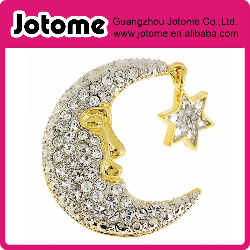 

Half Moon Face And Star Pin Crystal Brooch Pin 1.25 x 1.375 inches