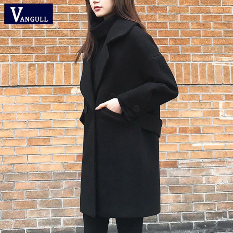 Vangull/зимние шерстяные женские куртки в Корейском стиле; повседневные свободные женские шерстяные пальто с длинными рукавами; Осенняя плотная верхняя одежда года