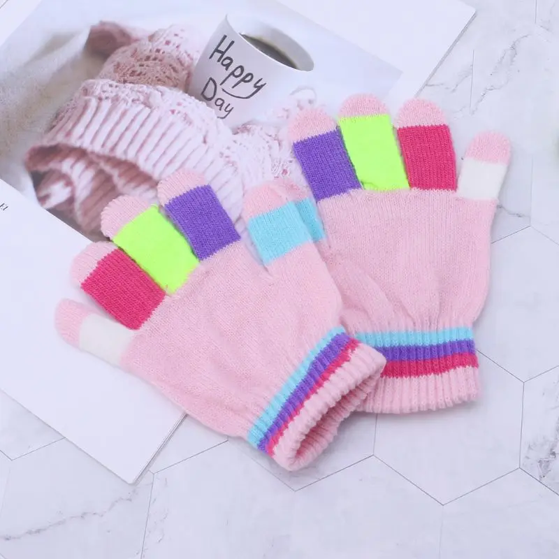 1 пара, детские перчатки, полный палец, теплые зимние, цветные, в полоску, вязаные, для мальчиков и девочек, одноцветные, новые, горячие