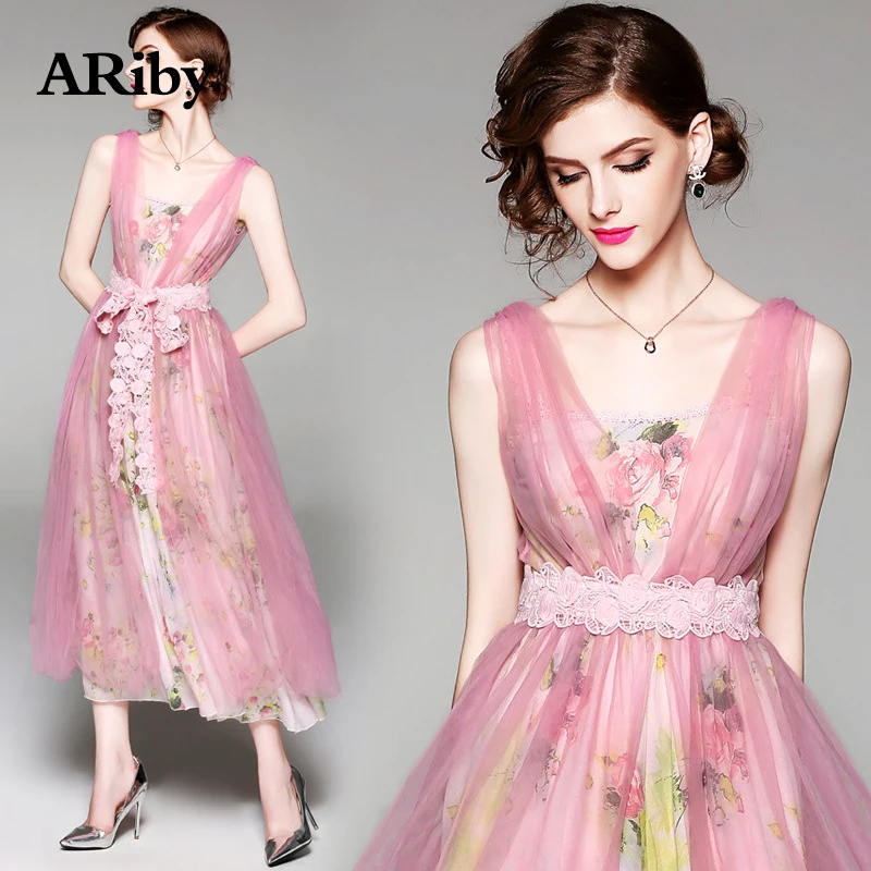 Women Dress Maxi Long Elegant Dress 2019 Summer New Fashion Beach Style Chiffon Print Slim Sleeveless Ankle-Length A-Line Dress