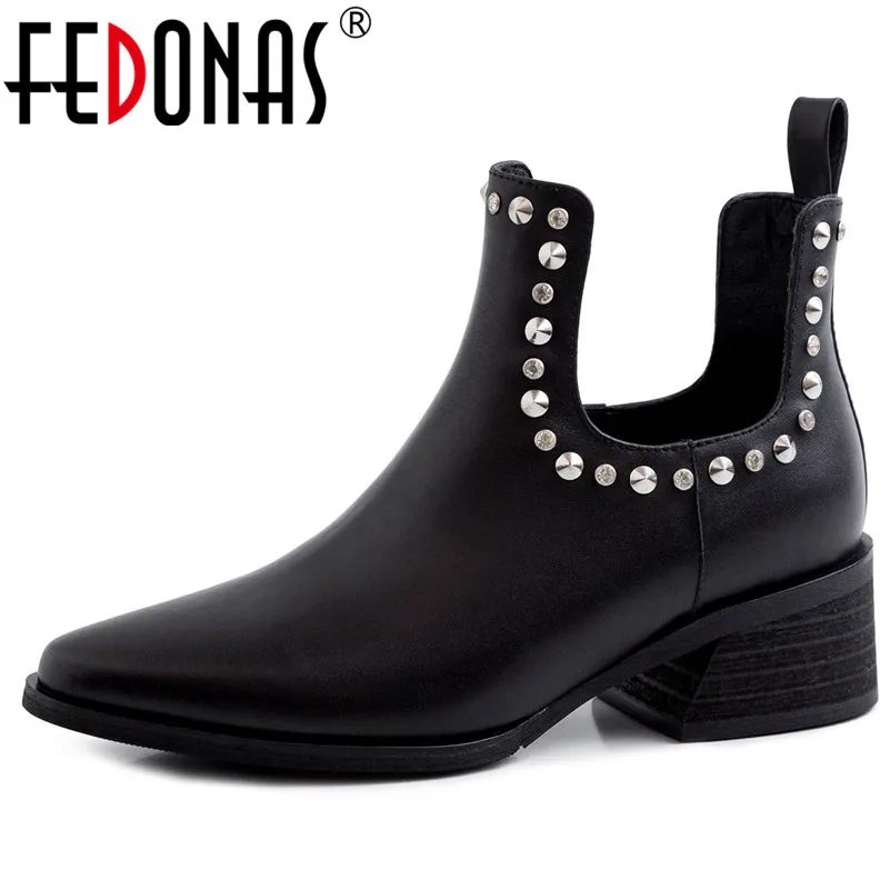 

FEDONAS Punk Pointed Toe Square Heels Women Ankle Boots New Quality Genuine Leather Party Shoes Woman Winter Warm Short Boots
